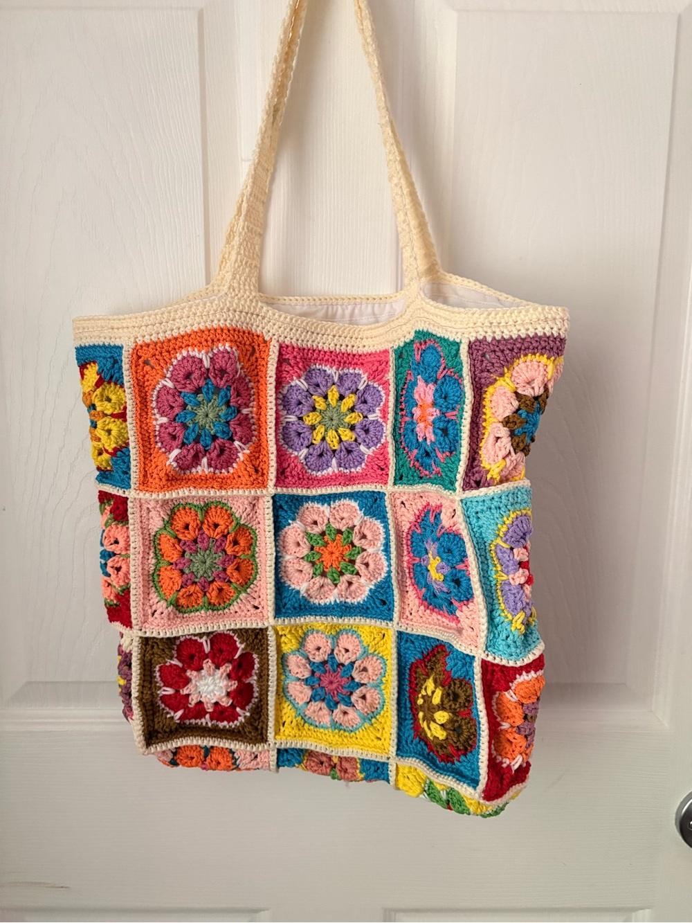 Othr Multicolor Crochet Granny Square Tote with Cream Trim